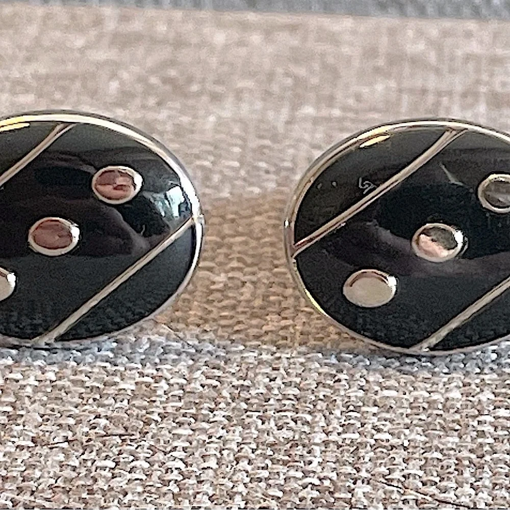 Black Oval Enamel Cufflinks w “Dot” Pattern Silver & Black! Stocking Stuffer!